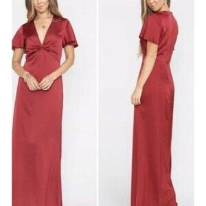 Mumu Weddings Maxi Dress Ruby Red‎ Satin Twist Front Flutter Sleeve Formal Gown